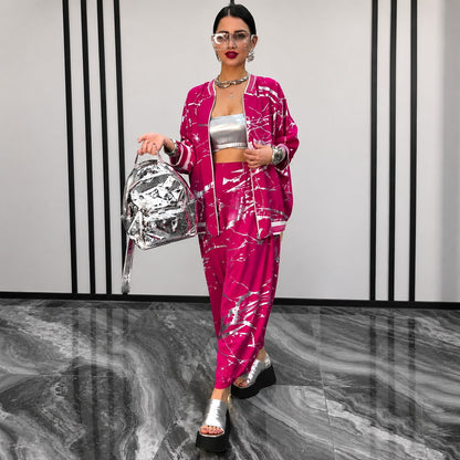 Conjunto Nayla™ com Jaqueta Bomber e Estampa Artística / Personalidade para Produções Modernas