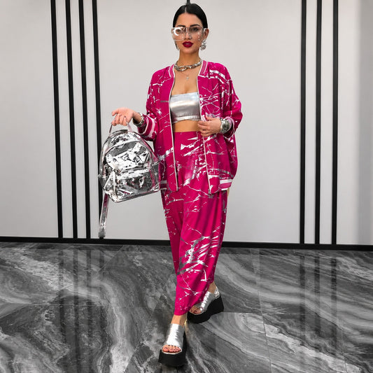 Conjunto Nayla™ com Jaqueta Bomber e Estampa Artística / Personalidade para Produções Modernas