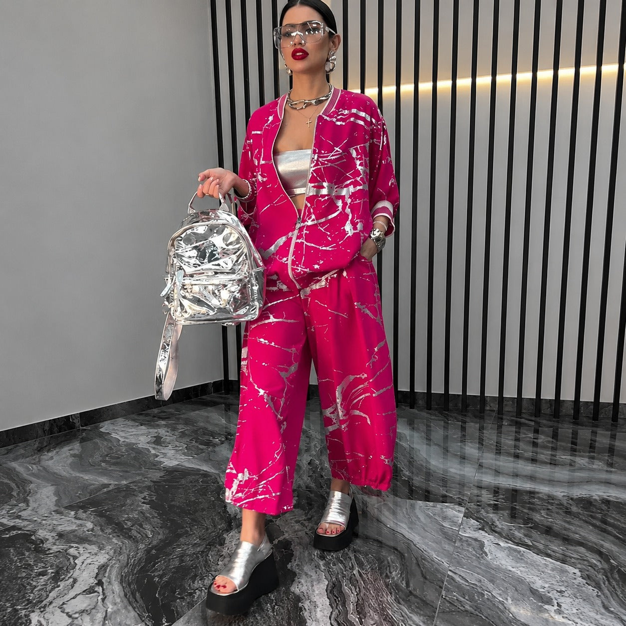 Conjunto Nayla™ com Jaqueta Bomber e Estampa Artística / Personalidade para Produções Modernas