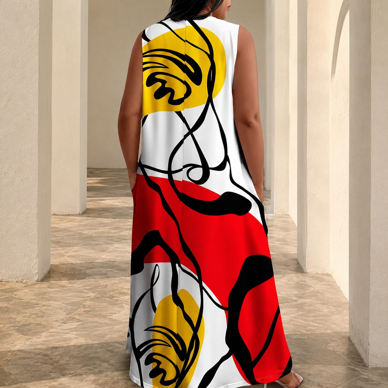 Vestido Zaira™ com Decote V e Estampa Abstrata Colorida / Um Visual Marcante Sem Perder o Conforto