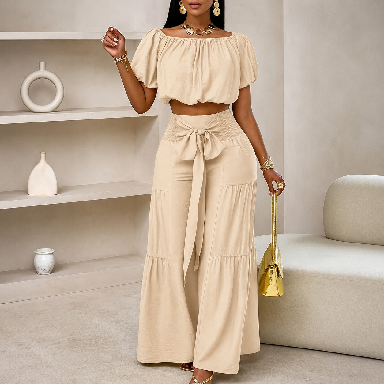Conjunto Marella™ com Cropped de Caimento Solto, Calça Pantalona e Faixa Ajustável / Conforto e Sofisticação Em Um Só Look
