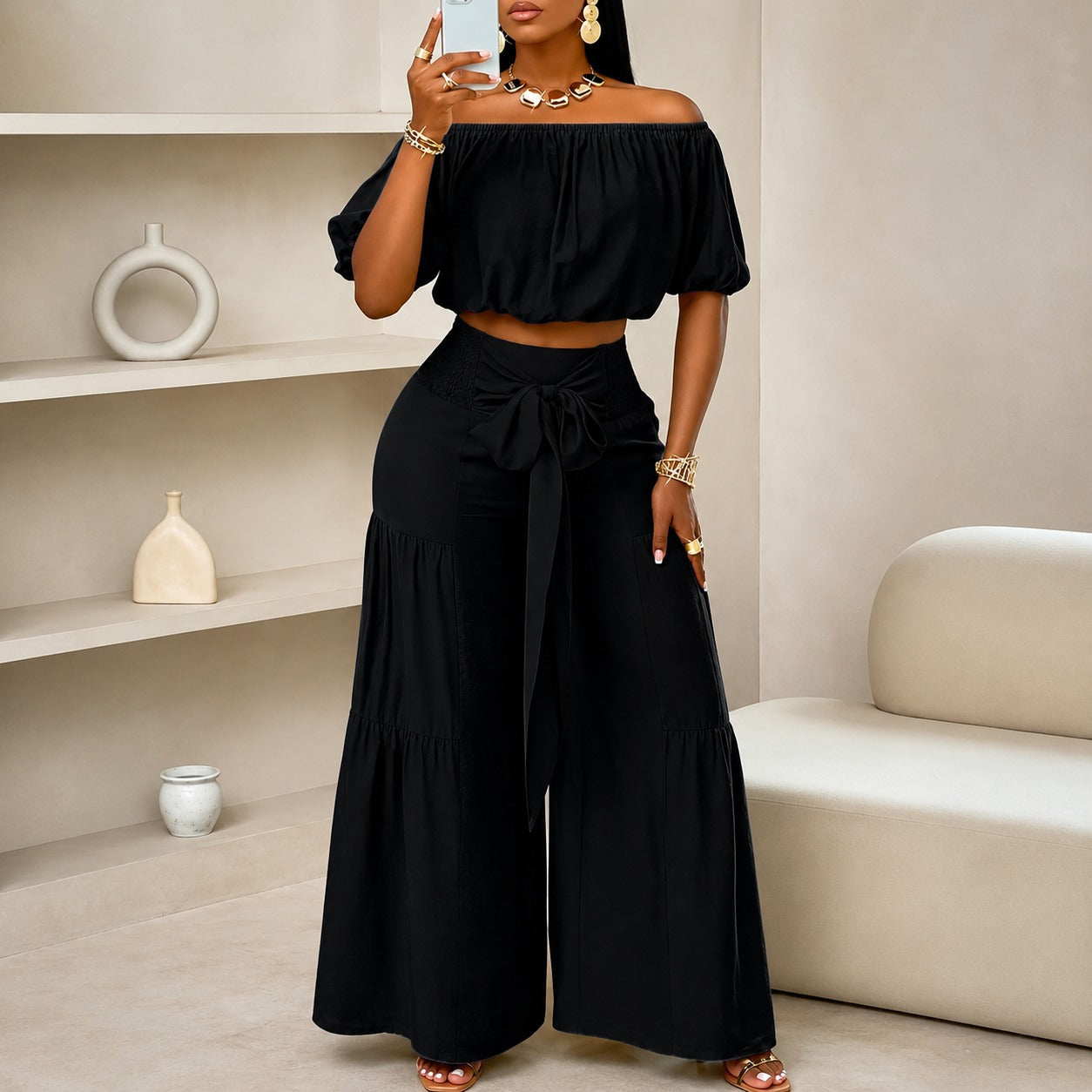 Conjunto Marella™ com Cropped de Caimento Solto, Calça Pantalona e Faixa Ajustável / Conforto e Sofisticação Em Um Só Look