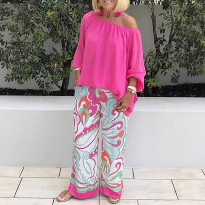 Conjunto Azzura™ Com Blusa Ombro A Ombro e Calça Pantalona Estampada / Elegância Sem Esforço Para Dias Quentes