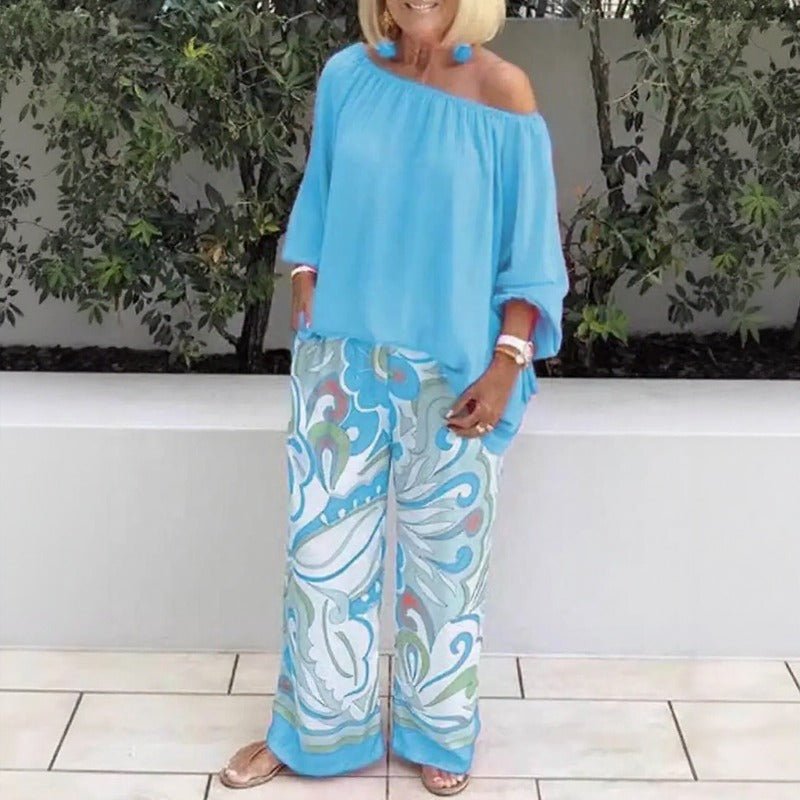 Conjunto Azzura™ Com Blusa Ombro A Ombro e Calça Pantalona Estampada / Elegância Sem Esforço Para Dias Quentes