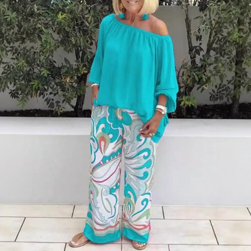Conjunto Azzura™ Com Blusa Ombro A Ombro e Calça Pantalona Estampada / Elegância Sem Esforço Para Dias Quentes