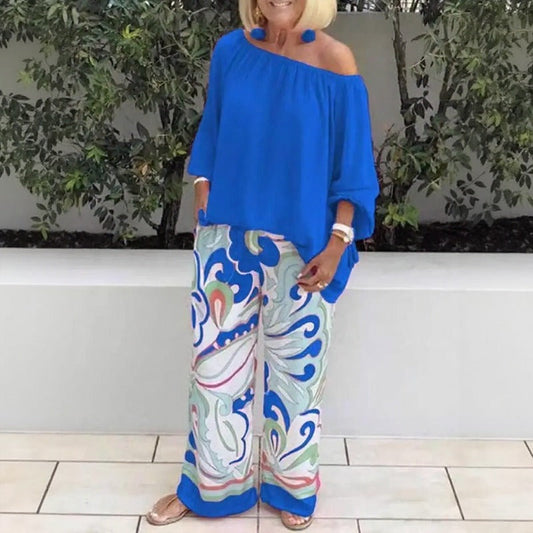 Conjunto Azzura™ Com Blusa Ombro A Ombro e Calça Pantalona Estampada / Elegância Sem Esforço Para Dias Quentes