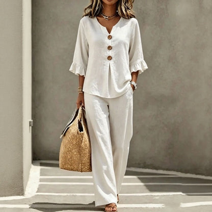Conjunto Carmelle™ em Linho de Algodão Com Camisa De Botões, Mangas Com Babados E Calça Pantalona / Leveza Sofisticada Para Dias Quentes