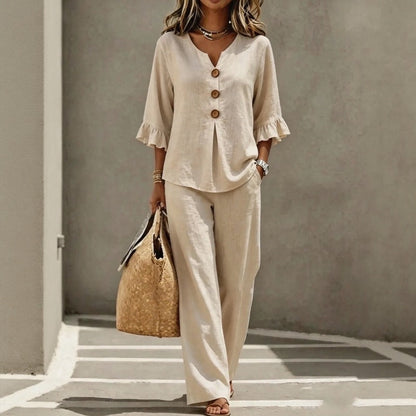 Conjunto Carmelle™ em Linho de Algodão Com Camisa De Botões, Mangas Com Babados E Calça Pantalona / Leveza Sofisticada Para Dias Quentes
