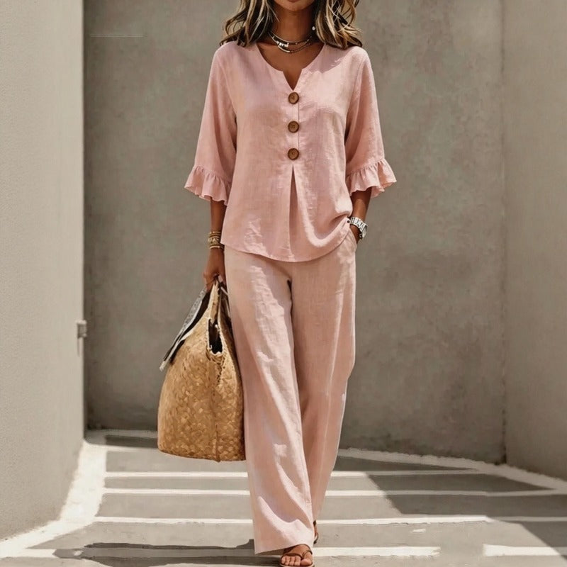 Conjunto Carmelle™ em Linho de Algodão Com Camisa De Botões, Mangas Com Babados E Calça Pantalona / Leveza Sofisticada Para Dias Quentes