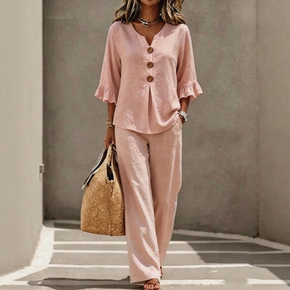 Conjunto Carmelle™ em Linho de Algodão Com Camisa De Botões, Mangas Com Babados E Calça Pantalona / Leveza Sofisticada Para Dias Quentes