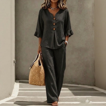 Conjunto Carmelle™ em Linho de Algodão Com Camisa De Botões, Mangas Com Babados E Calça Pantalona / Leveza Sofisticada Para Dias Quentes