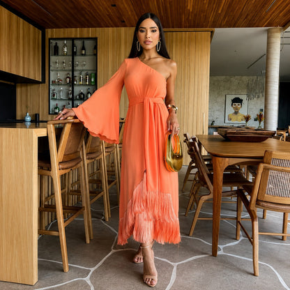 Vestido Melis™ com Um Ombro Só e Barra Franzida / Presença Leve Para Ocasiões Especiais
