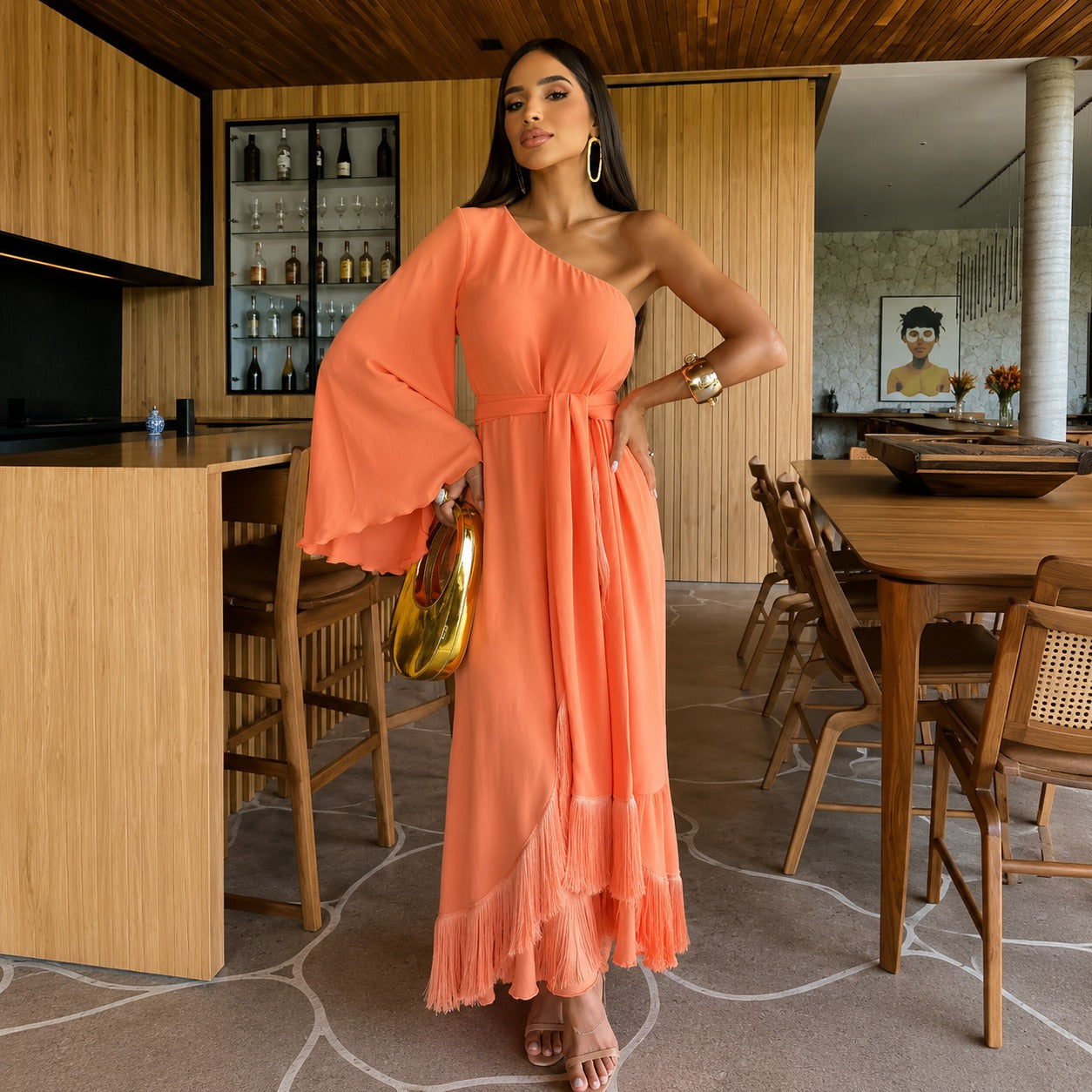 Vestido Melis™ com Um Ombro Só e Barra Franzida / Presença Leve Para Ocasiões Especiais