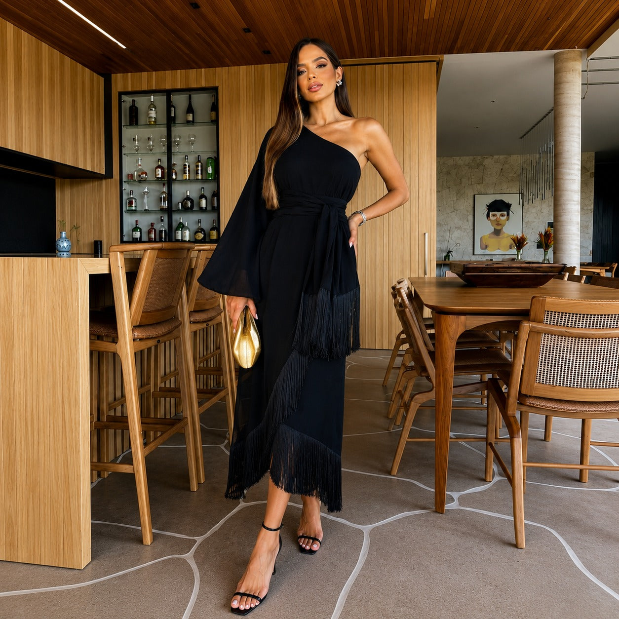 Vestido Melis™ com Um Ombro Só e Barra Franzida / Presença Leve Para Ocasiões Especiais