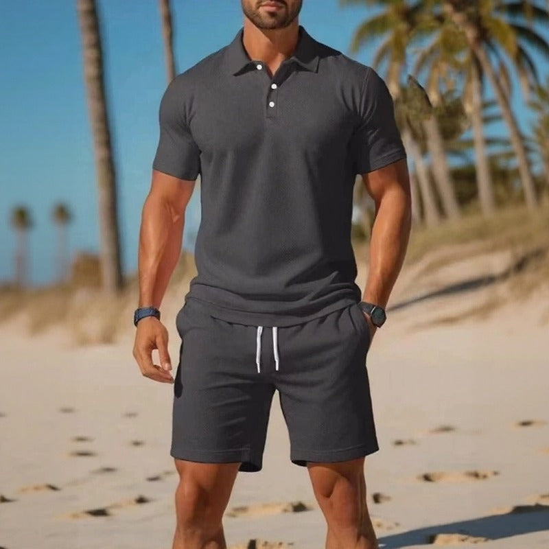 Conjunto Matteo™ Com Camisa Polo E Bermuda De Cós Ajustável / Visual Pronto Para Dias Quentes