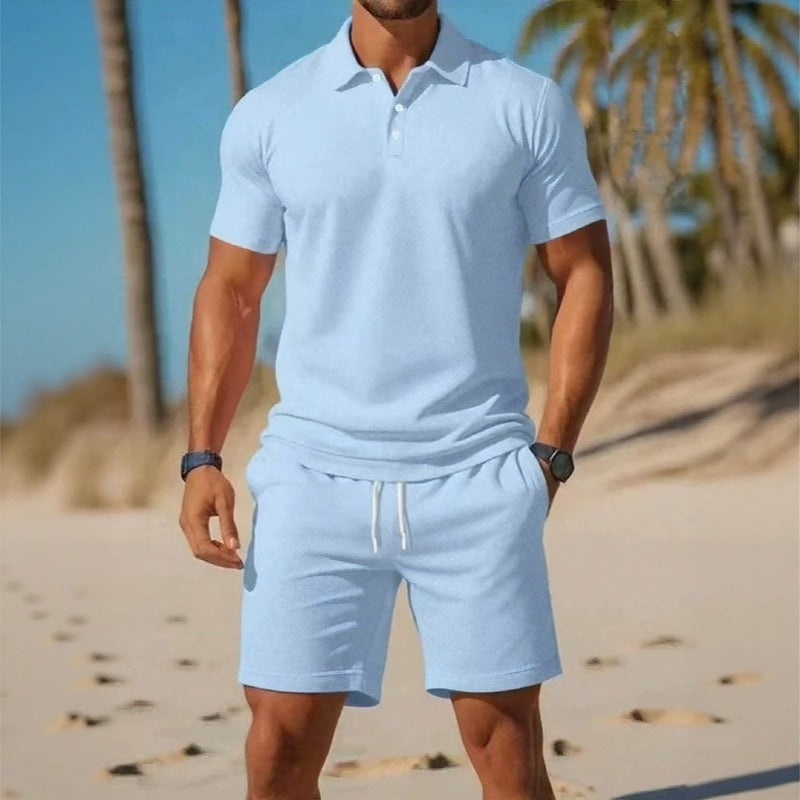 Conjunto Matteo™ Com Camisa Polo E Bermuda De Cós Ajustável / Visual Pronto Para Dias Quentes