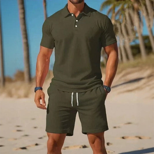 Conjunto Matteo™ Com Camisa Polo E Bermuda De Cós Ajustável / Visual Pronto Para Dias Quentes