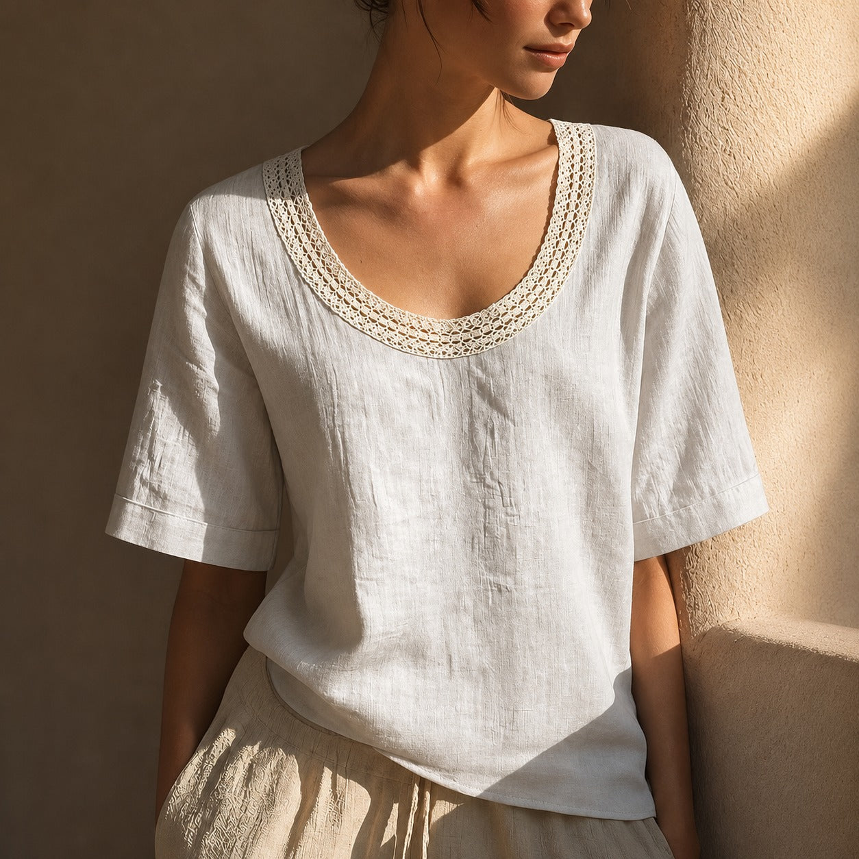 Blusinha Maira™ em Linho e Algodão com Decote em Crochê / Charme e Delicadeza Em Cada Detalhe