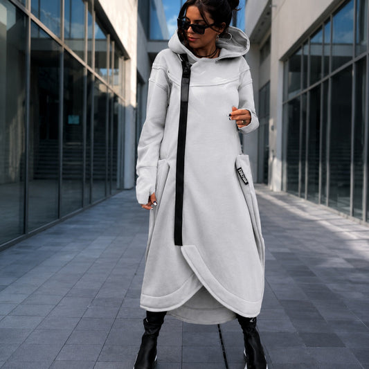 Casaco Longo Linara™ Oversized com Capuz, Zíper e Punhos com Abertura para o Polegar
