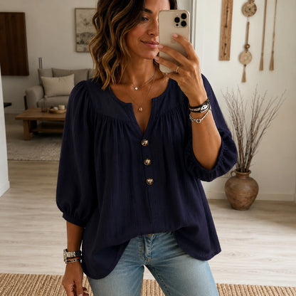 Blusa Lisandra™ com Mangas 3/4 e Botões Frontais / Um Visual Elegante Para Todos os Dias