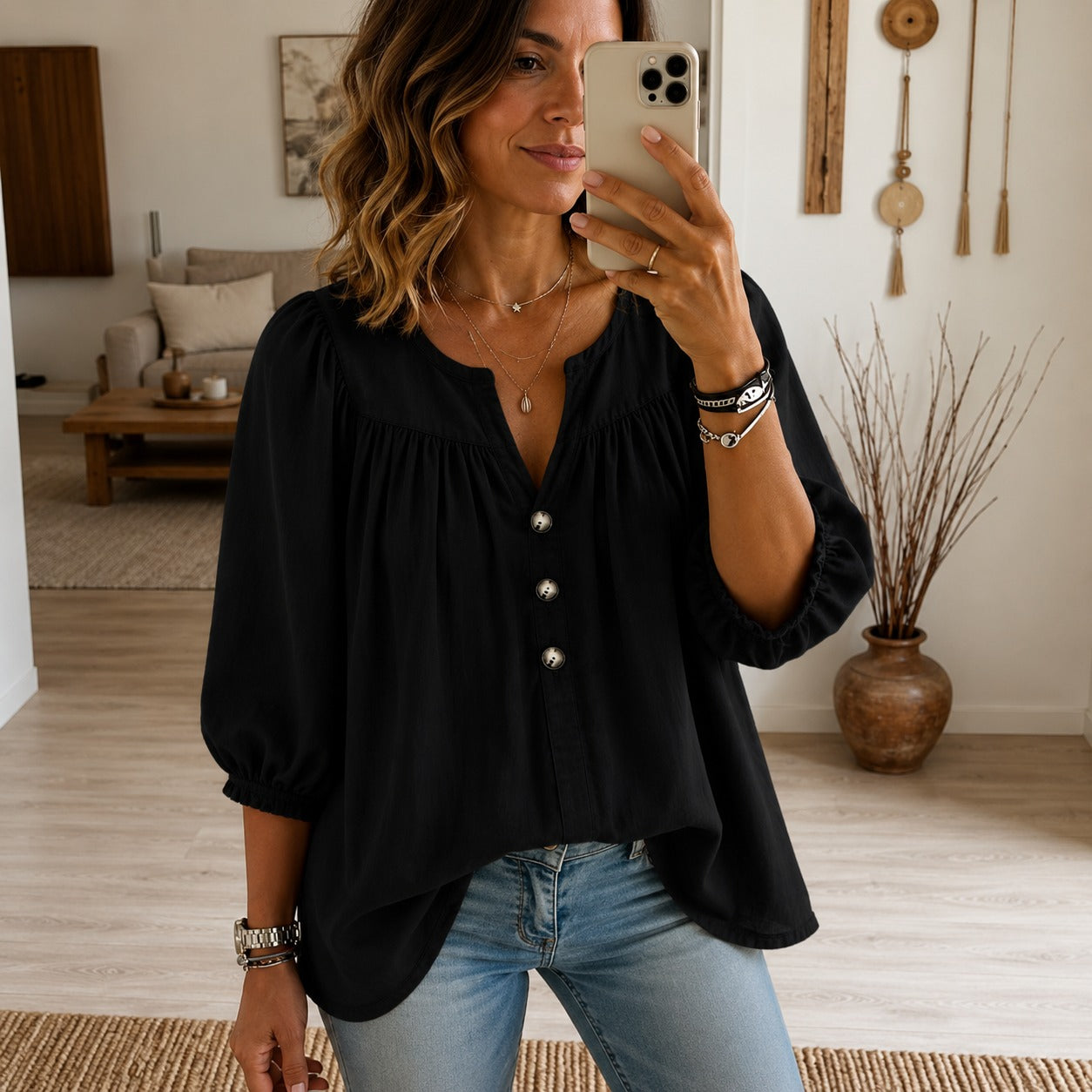 Blusa Lisandra™ com Mangas 3/4 e Botões Frontais / Um Visual Elegante Para Todos os Dias