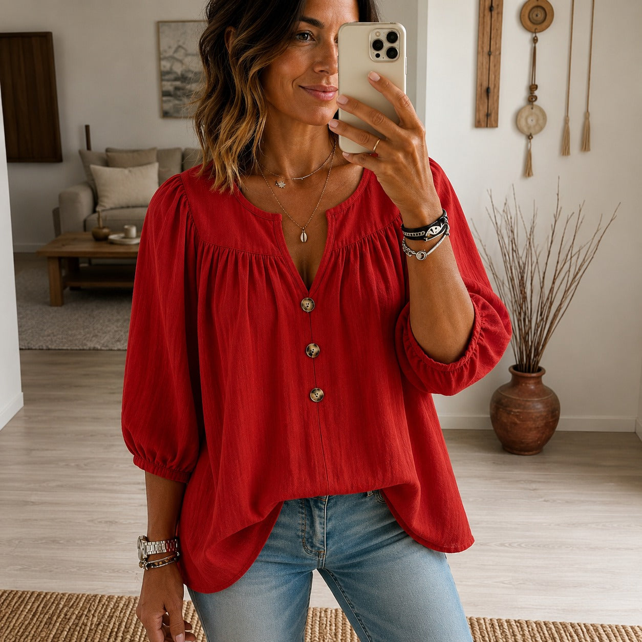 Blusa Lisandra™ com Mangas 3/4 e Botões Frontais / Um Visual Elegante Para Todos os Dias