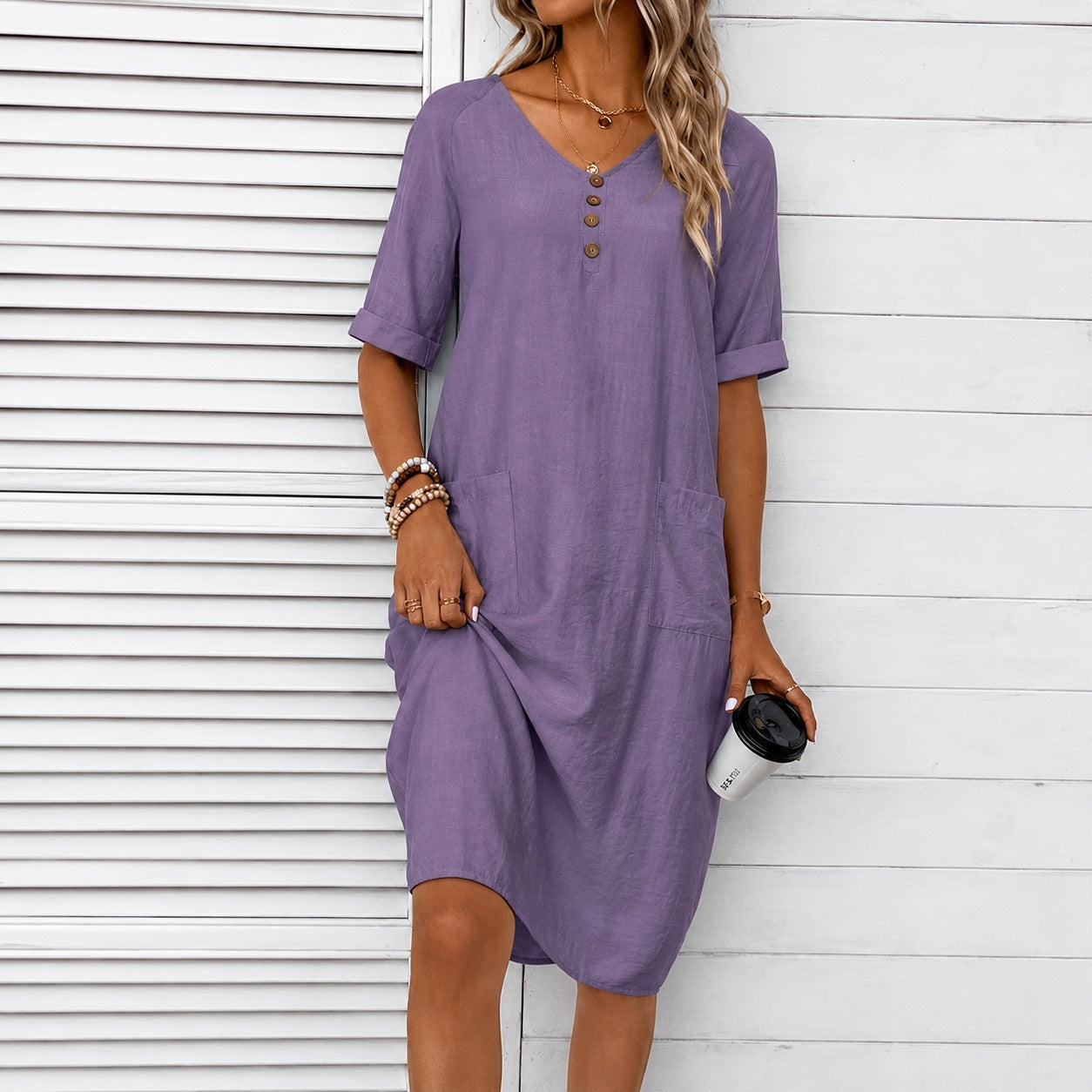 Vestido Mariel™ Midi com Bolsos Frontais e Visual Minimalista / Leveza Que Acompanha Cada Movimento