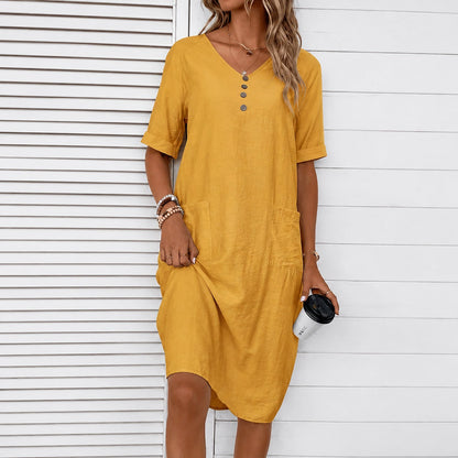 Vestido Mariel™ Midi com Bolsos Frontais e Visual Minimalista / Leveza Que Acompanha Cada Movimento