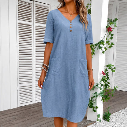 Vestido Mariel™ Midi com Bolsos Frontais e Visual Minimalista / Leveza Que Acompanha Cada Movimento