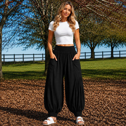 Calça Rivana™ com Cós em Elástico e Bolsos Frontais Amplos / Ideal Para Compor Produções Casuais e Sofisticadas