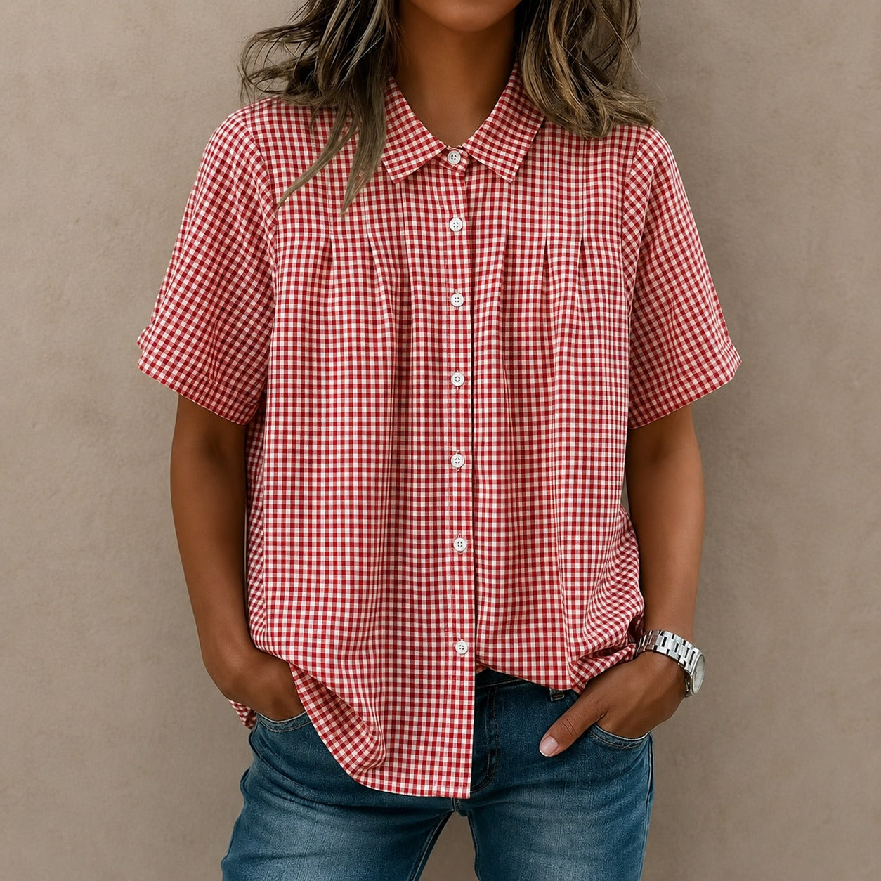 Camisa Lisette™ com Estampa Xadrez, Pregas Frontais e Modelagem Ampla / Um Visual Leve Com Elegância Casual.