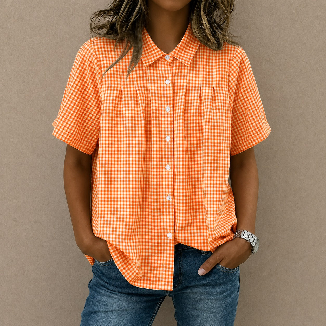 Camisa Lisette™ com Estampa Xadrez, Pregas Frontais e Modelagem Ampla / Um Visual Leve Com Elegância Casual.