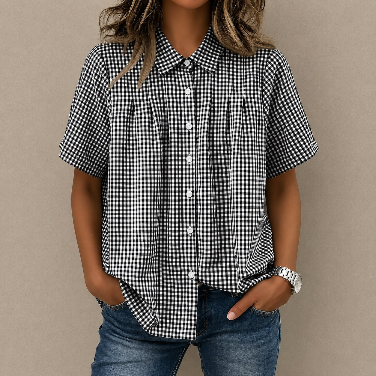 Camisa Lisette™ com Estampa Xadrez, Pregas Frontais e Modelagem Ampla / Um Visual Leve Com Elegância Casual.