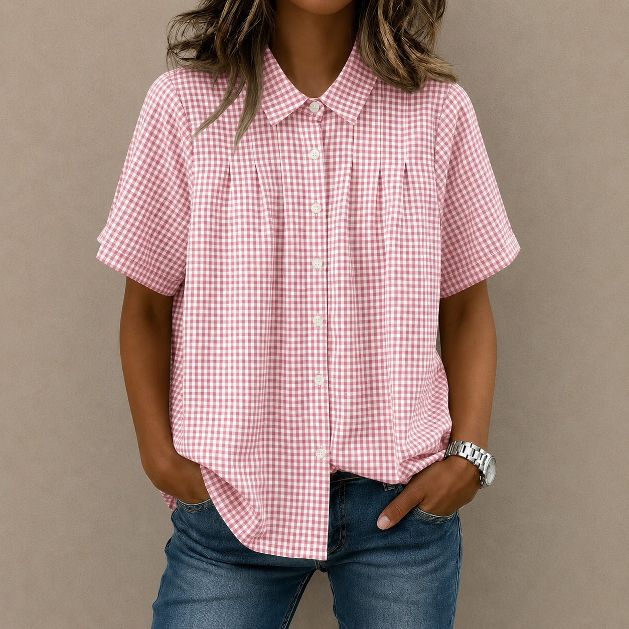 Camisa Lisette™ com Estampa Xadrez, Pregas Frontais e Modelagem Ampla / Um Visual Leve Com Elegância Casual.