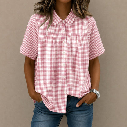 Camisa Lisette™ com Estampa Xadrez, Pregas Frontais e Modelagem Ampla / Um Visual Leve Com Elegância Casual.