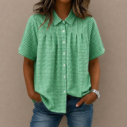 Camisa Lisette™ com Estampa Xadrez, Pregas Frontais e Modelagem Ampla / Um Visual Leve Com Elegância Casual.
