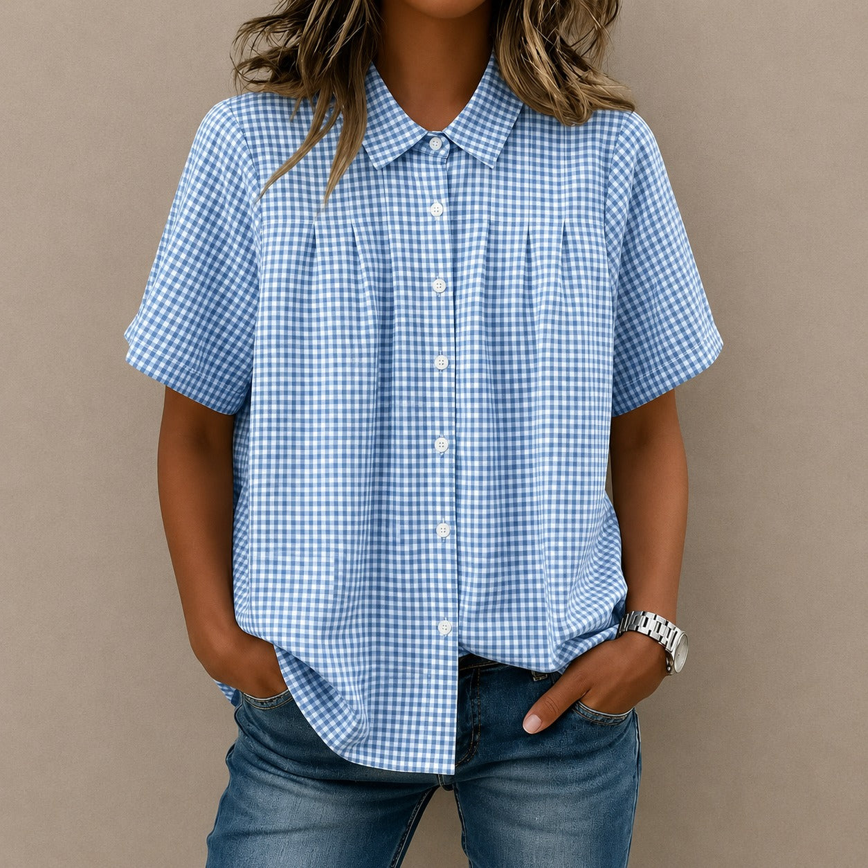 Camisa Lisette™ com Estampa Xadrez, Pregas Frontais e Modelagem Ampla / Um Visual Leve Com Elegância Casual.