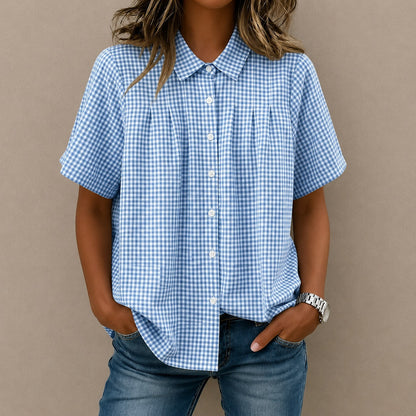 Camisa Lisette™ com Estampa Xadrez, Pregas Frontais e Modelagem Ampla / Um Visual Leve Com Elegância Casual.
