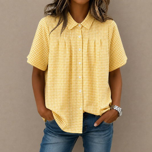 Camisa Lisette™ com Estampa Xadrez, Pregas Frontais e Modelagem Ampla / Um Visual Leve Com Elegância Casual.