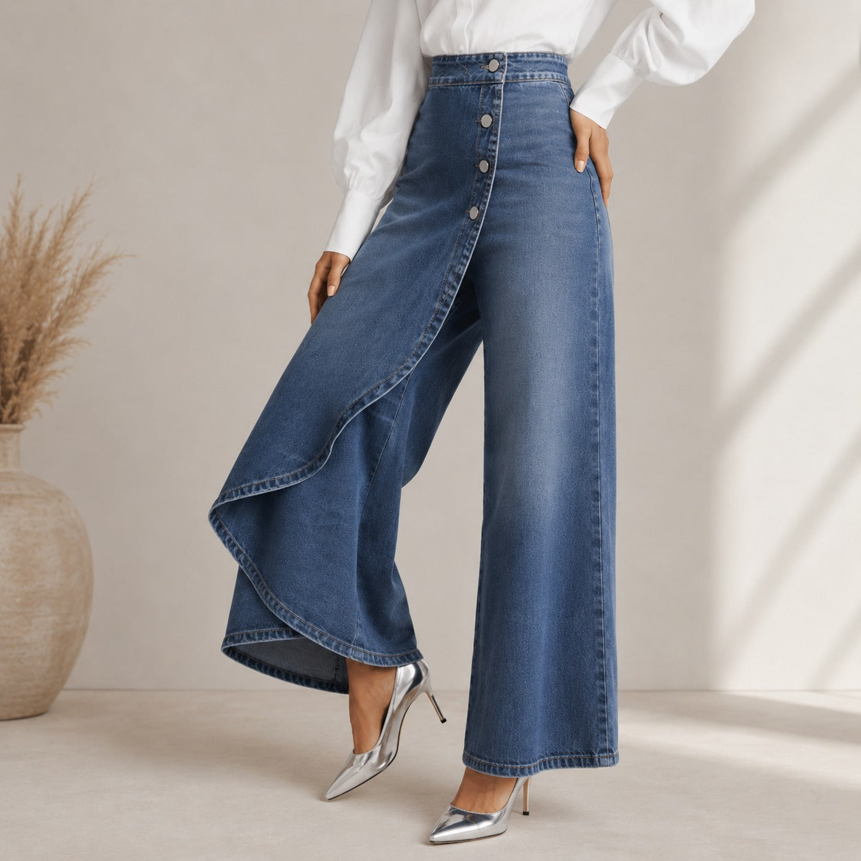 Calça Dalmira™ Jeans com Painel Transpassado e Cintura Alta / Sofisticação para Ocasiões que Pedem Destaque