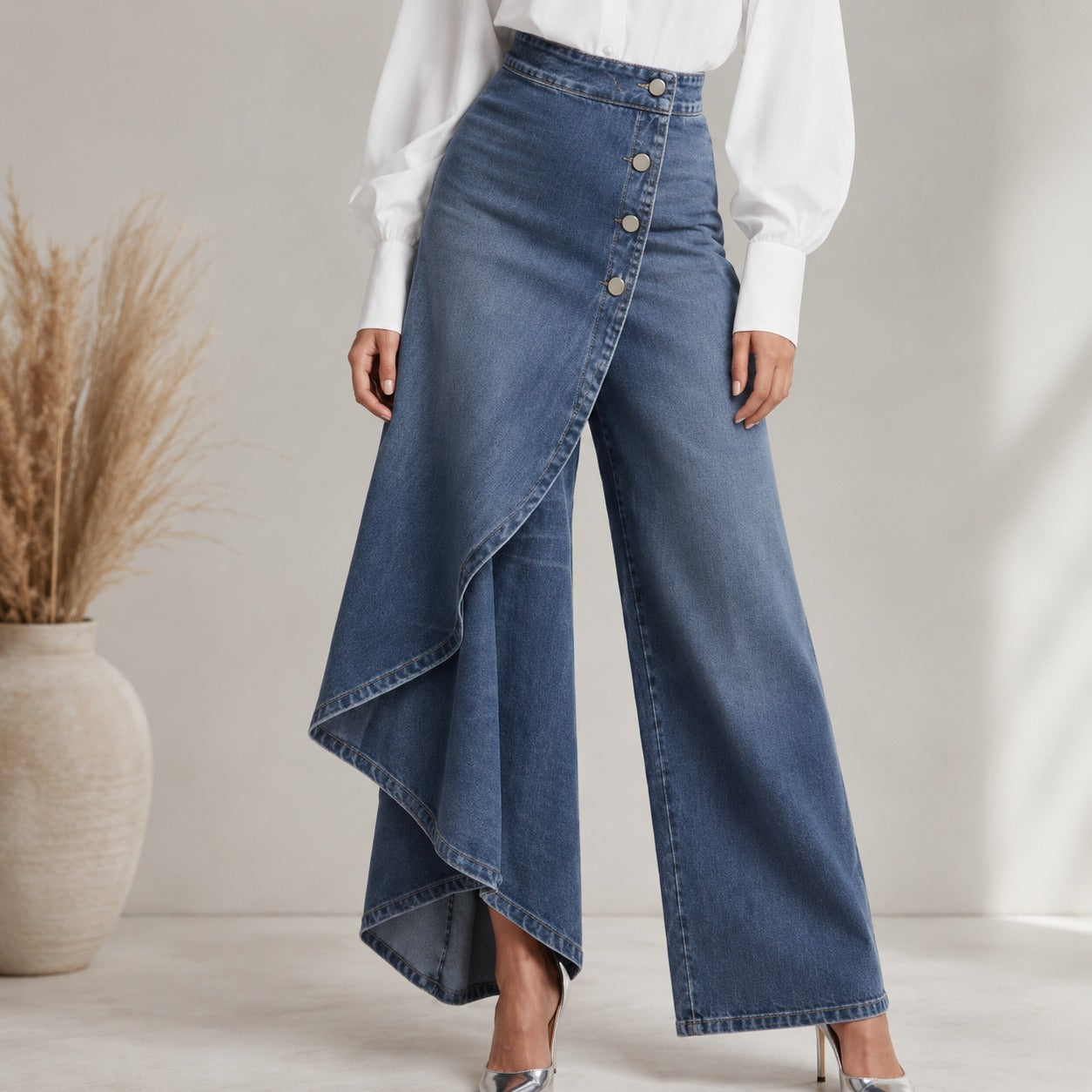 Calça Dalmira™ Jeans com Painel Transpassado e Cintura Alta / Sofisticação para Ocasiões que Pedem Destaque