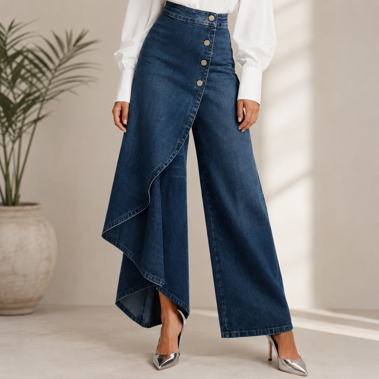 Calça Dalmira™ Jeans com Painel Transpassado e Cintura Alta / Sofisticação para Ocasiões que Pedem Destaque