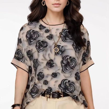 Blusa Gardenia Luxe™ em Chiffon Acetinado / Inovação em Estampas 3D para um Estilo Sofisticado e Confortável