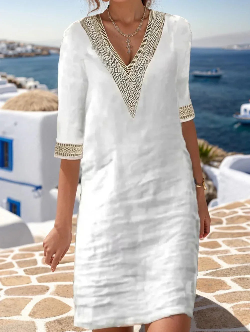 [COMPRE 1 E LEVE 2] Vestido Amalfi™ em Linho de Algodão com Detalhes Artesanais / Elegância Mediterrânea com Toque Boho Chic!