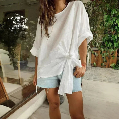 [COMPRE 1 E LEVE 2] Blusinha Tarde Serena™ em Linho de Algodão com Amarração Lateral / Um Toque de Leveza que Abraça Seu Estilo e Conforto!