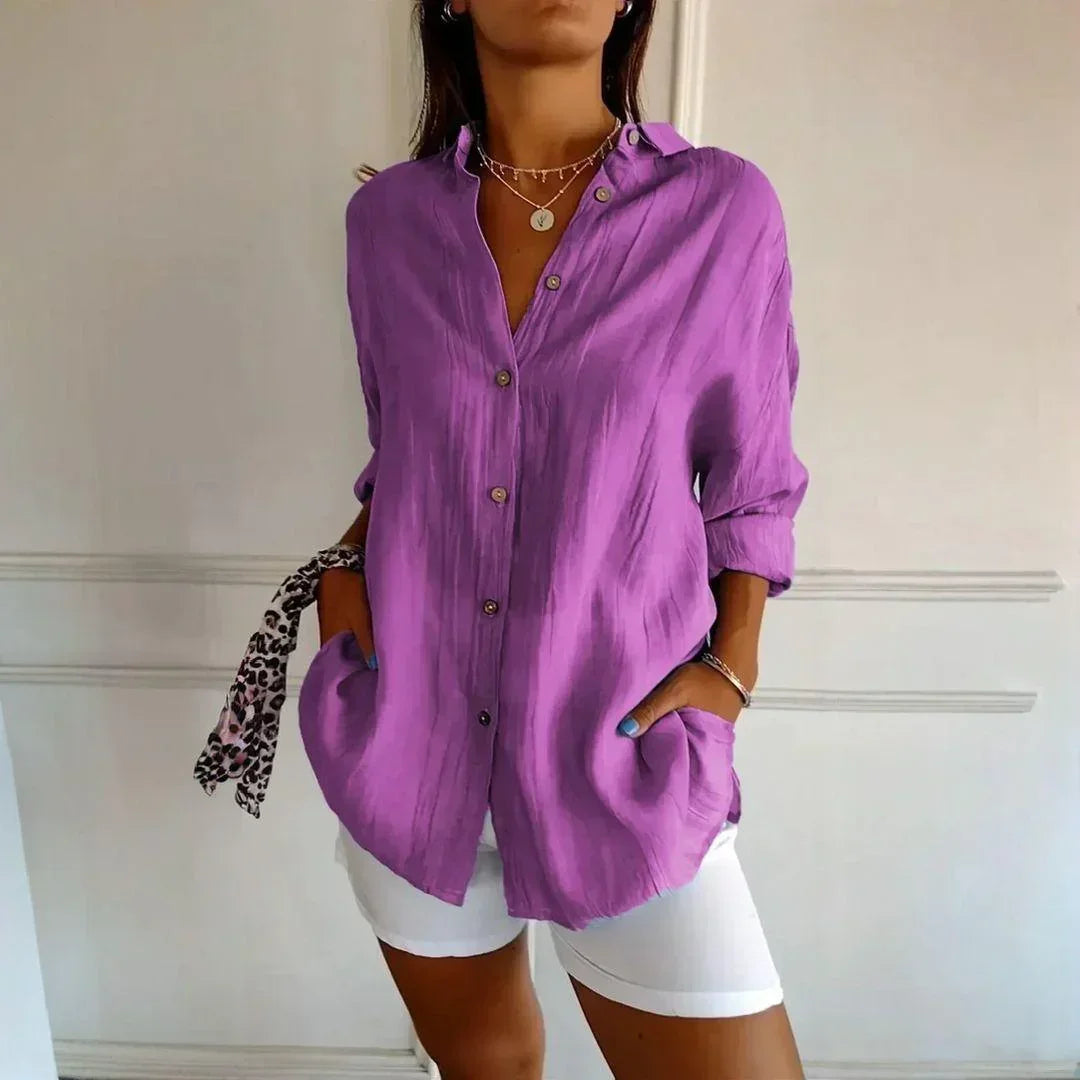 [Liquidação: Compre 1 e Leve 3] Camisa Ibiza™ em Linho de Algodão com Design Semi Plissado / Conforto e Estilo que Abraçam a Mulher Elegante!