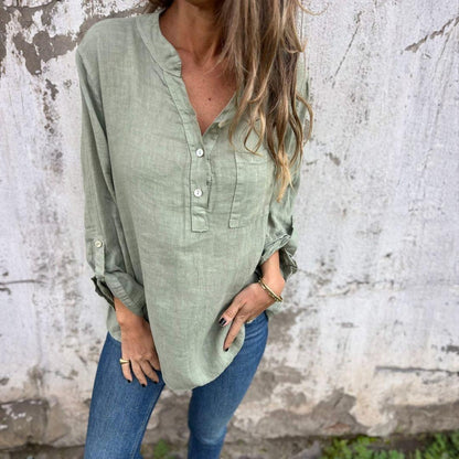Camisa Benditta™ em Linho de Algodão com Botões Delicados e Manga Ajustável / Leveza e Estilo para Conforto Diário!