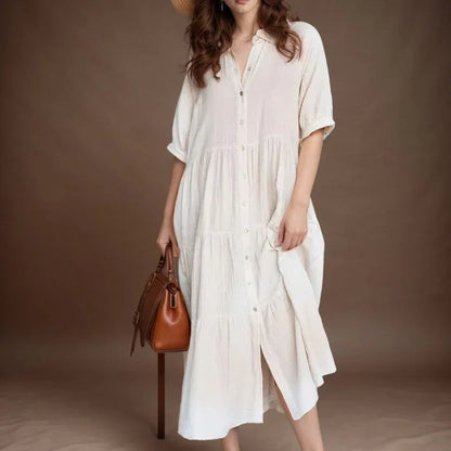 Vestido Campestre™ em Viscolinho com Babados e Botões Frontais / Leveza e Elegância para o Seu Dia a Dia