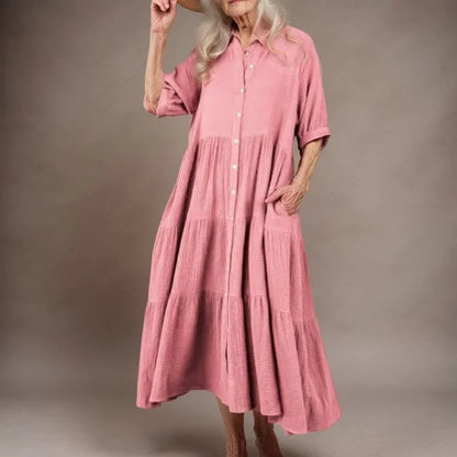 Vestido Campestre™ em Viscolinho com Babados e Botões Frontais / Leveza e Elegância para o Seu Dia a Dia
