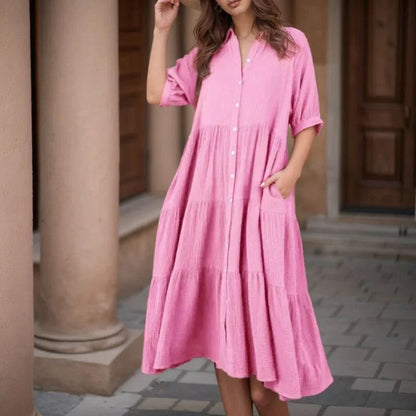 Vestido Campestre™ em Viscolinho com Babados e Botões Frontais / Leveza e Elegância para o Seu Dia a Dia